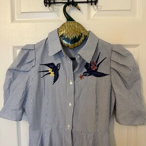 Zara Striped Embroidered Bird Shirt Dress puff sleeve - Blue & White